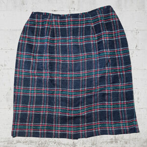 1980s Vintage Navy Red Tweed Glen Check Plaid Tartan Knee Length Skirt Size 4